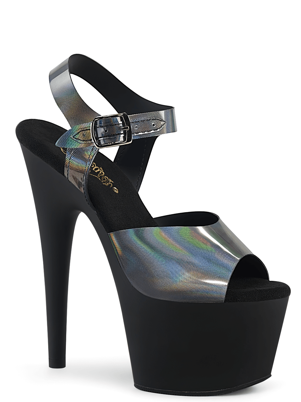 Holographic ankle strap platform heels with a sleek black base and towering heel for bold fashion statements.