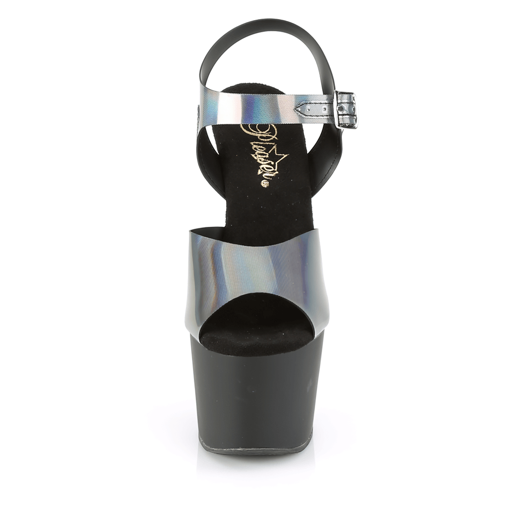 Bold PLEASER platform heels with holographic ankle strap, stylish and daring for a standout look.