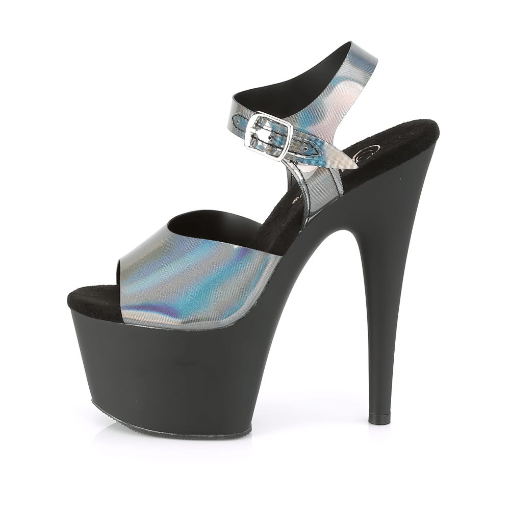 Holographic ankle strap sandals with bold 7-inch heels and a sleek black platform, perfect for a statement look.
