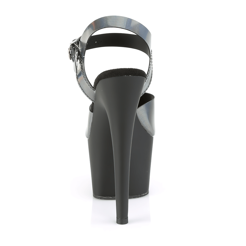 Back view of Pleaser platform heels with holographic ankle strap, showcasing the sleek black design and towering heel.