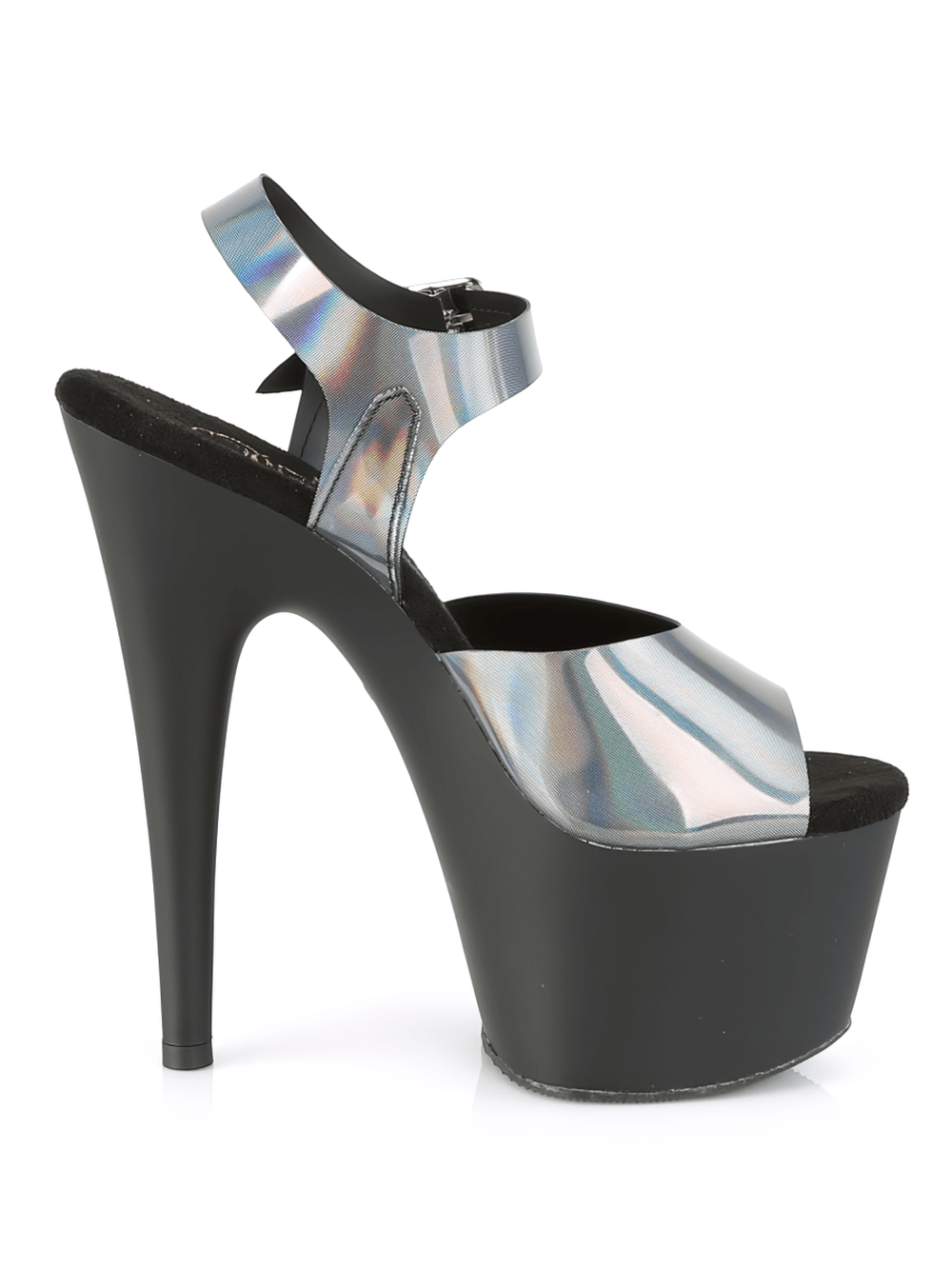 Bold holographic platform heels with a sleek black base, perfect for making a fashion statement.