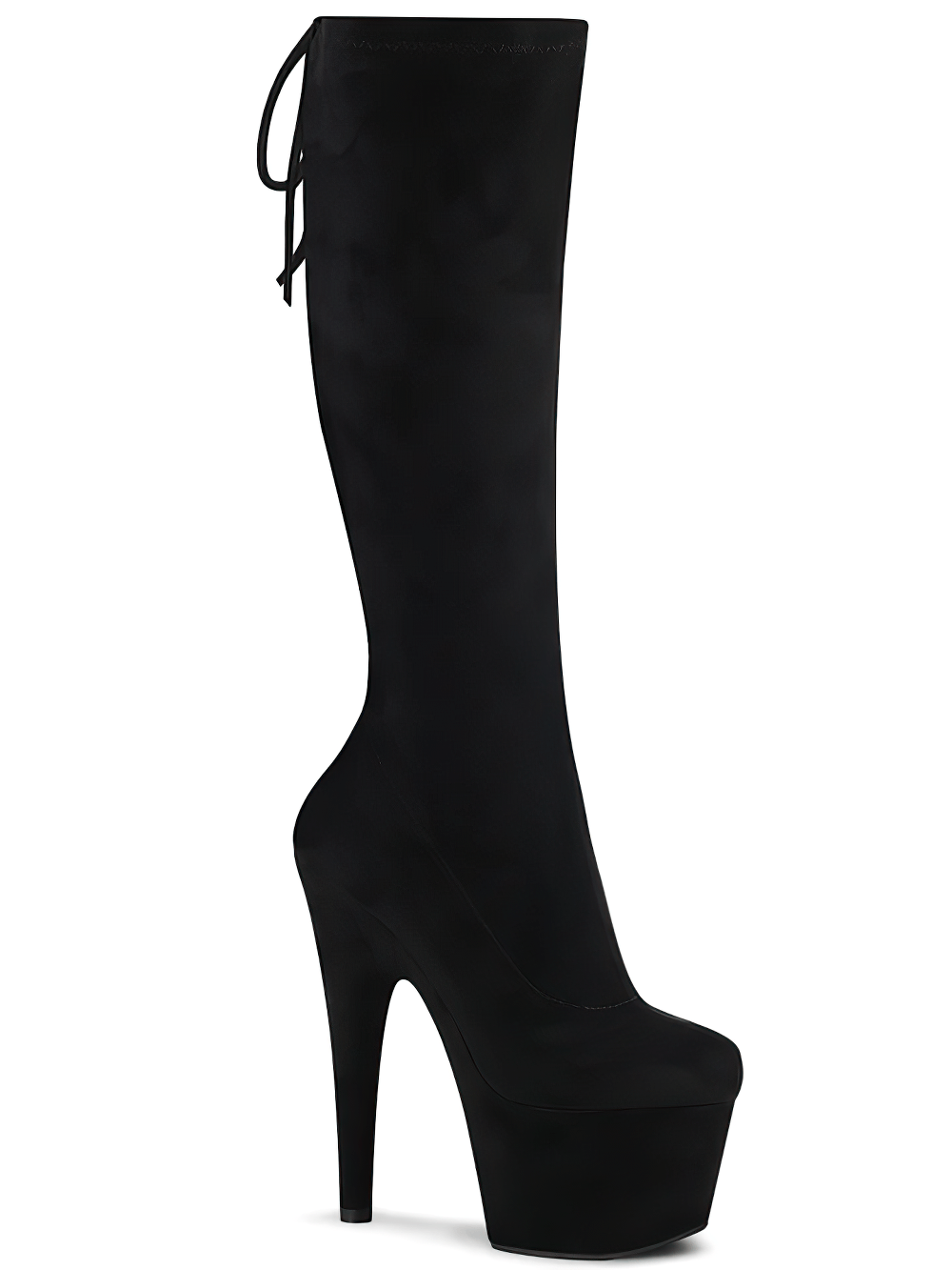 Sleek black Pleaser platform knee-high boots with 7-inch heels and topline lacing, perfect for bold style.