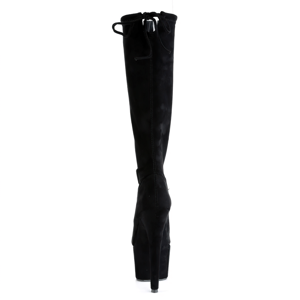 Black knee-high Pleaser platform boots with topline lacing and bold 7-inch heels.