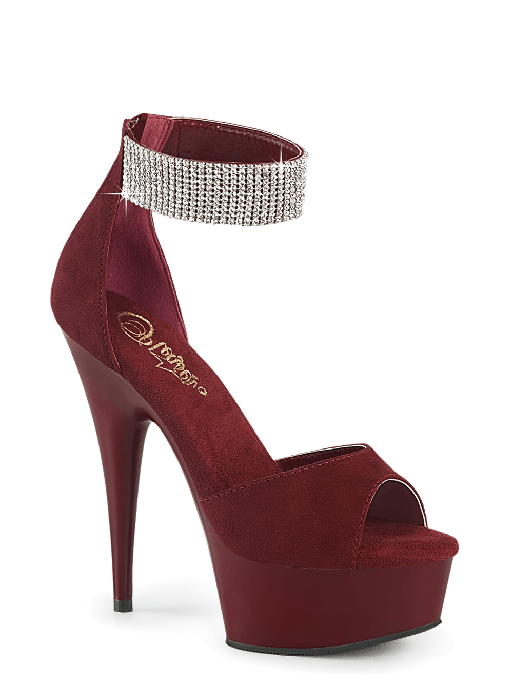 Burgundy platform sandals with rhinestone cuff, open-toe design, and a chic 6-inch heel for elegant evenings.