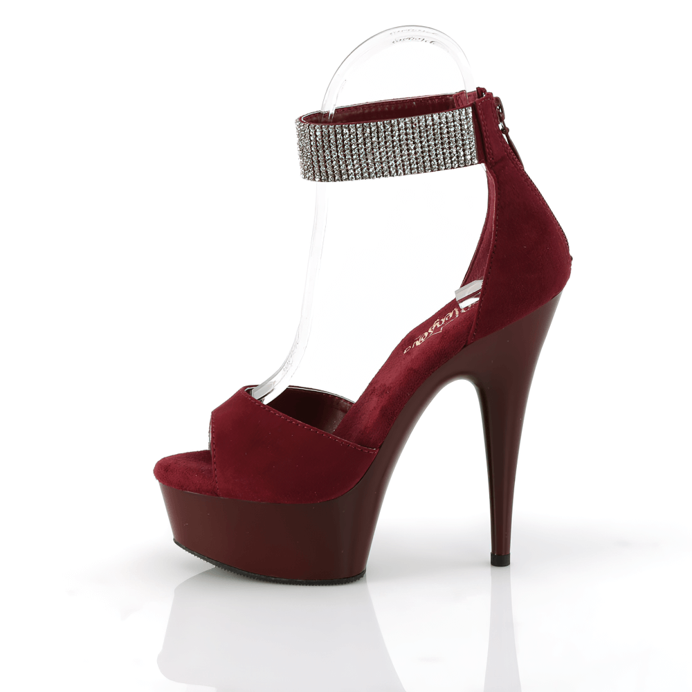 Plush burgundy platform sandals with rhinestone cuff and open-toe design, featuring a high heel and secure back zip closure.
