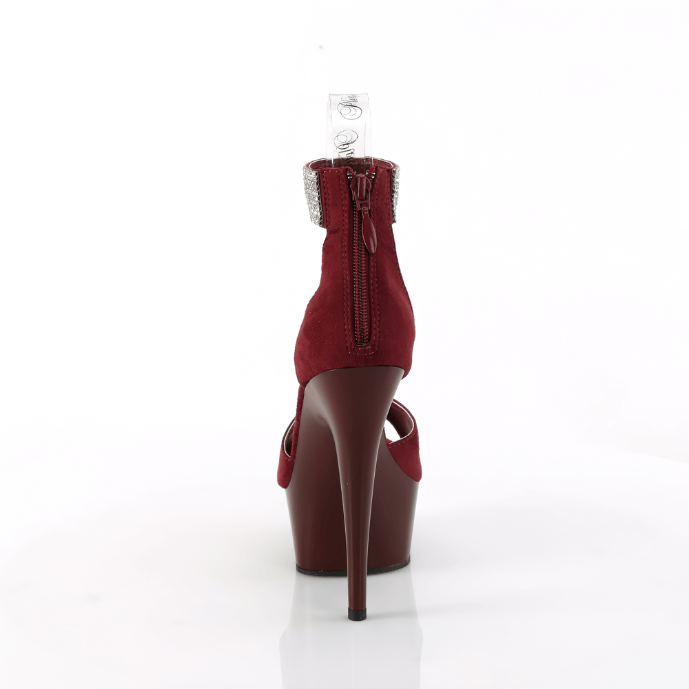 Back view of plush burgundy platform sandals with rhinestone cuff and zipper closure.