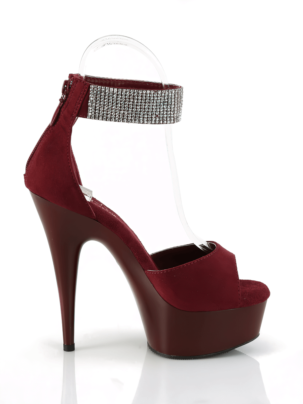 Plush burgundy platform sandals with rhinestone ankle cuff and back zip closure, elegant evening footwear.