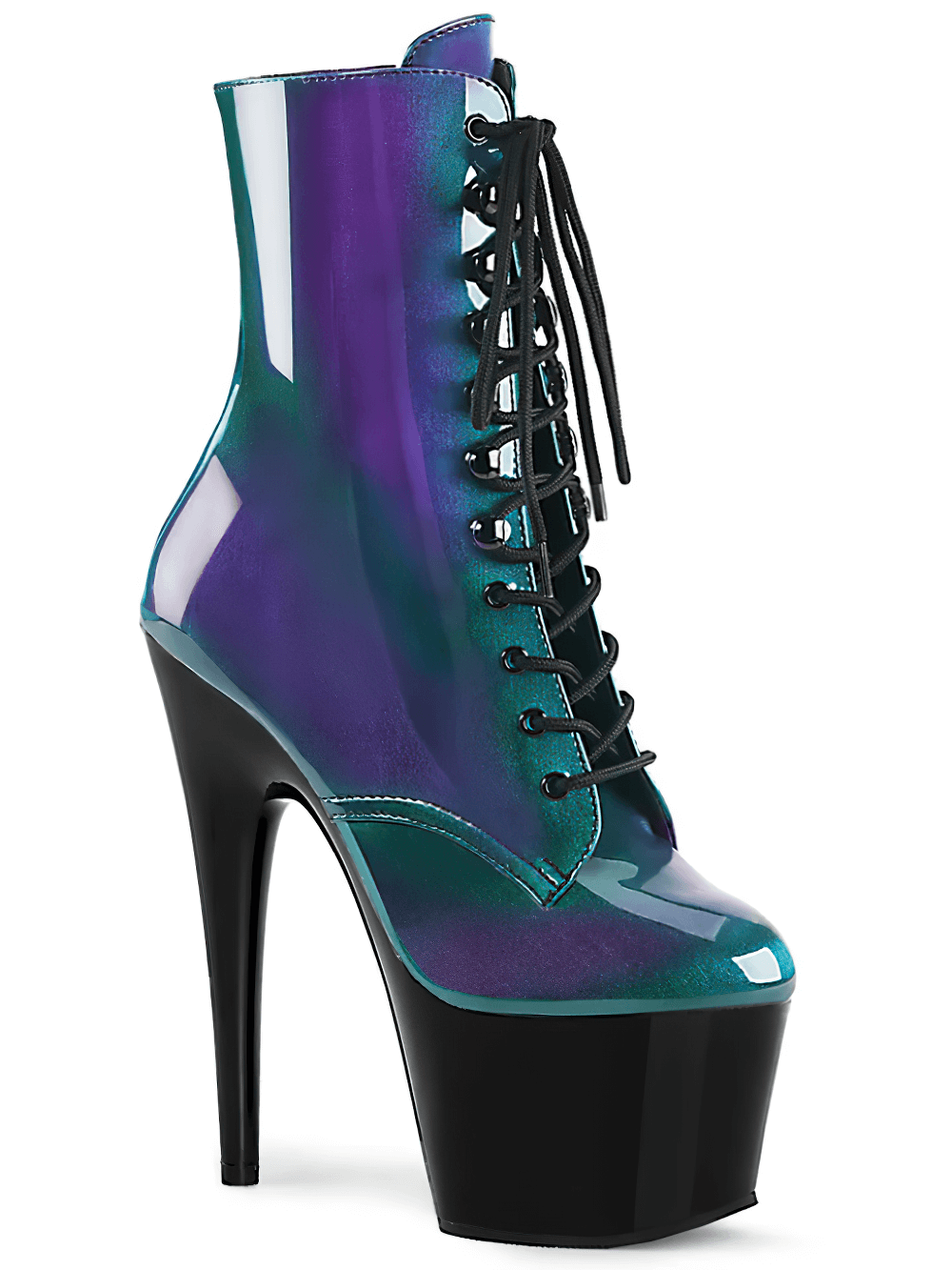 Purple and green lace-up stiletto ankle boots with a 7-inch heel and platform, perfect for a bold fashion statement.