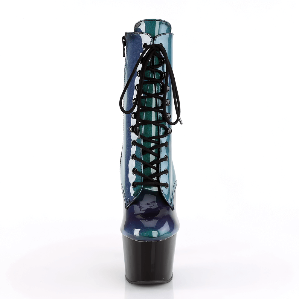 Purple and green lace-up stiletto ankle boots with a 7-inch heel and 2.75-inch platform, showcasing bold design.