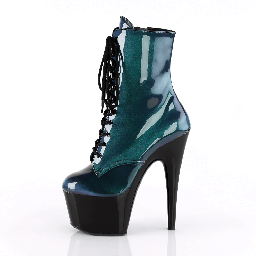 Bold teal lace-up stiletto ankle boots with a high platform and sleek design for a standout look.