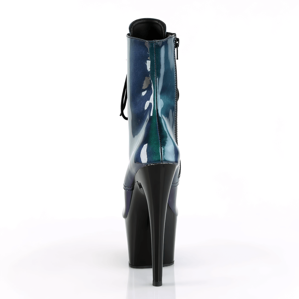 Back view of PLEASER purple and green lace-up stiletto ankle boots with 7-inch heel and zipper closure.