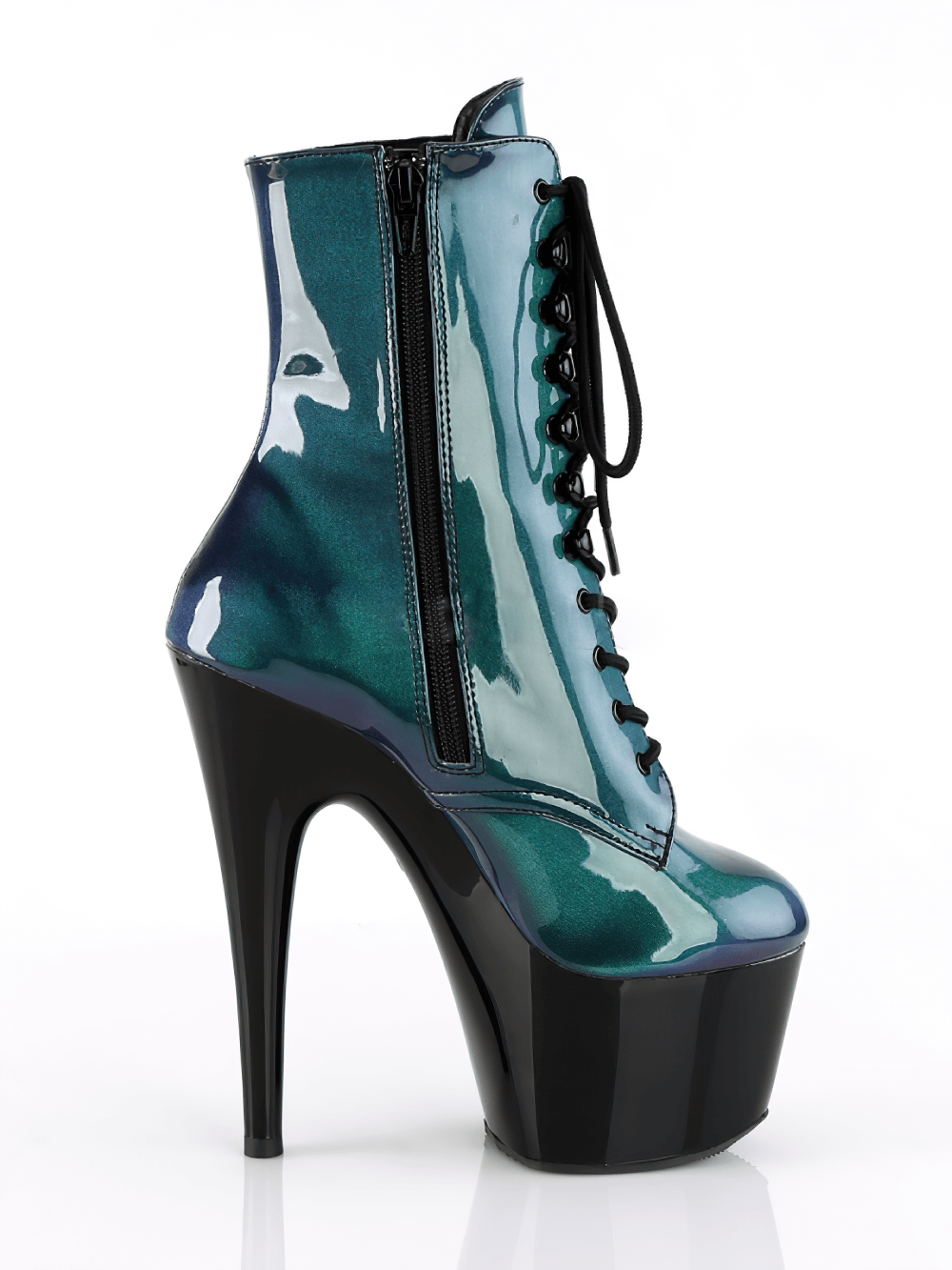 Bold PLEASER purple and green lace-up stiletto ankle boots with a high heel and platform, featuring a zip closure for easy wear.