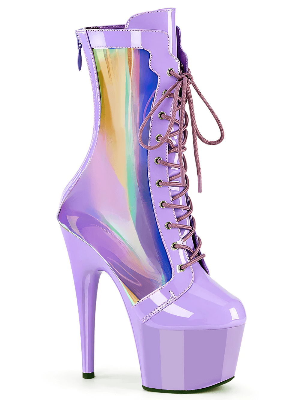 Bold purple stiletto boots with holographic panels and lace-up front for a stunning fashion statement.