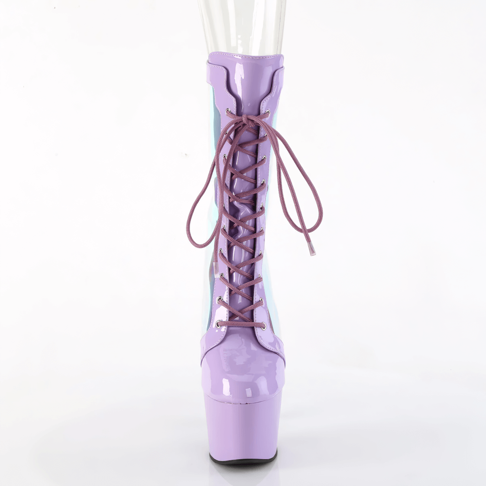 Purple stiletto boots with holographic panels, lace-up front, and bold platform, perfect for elevating your style.