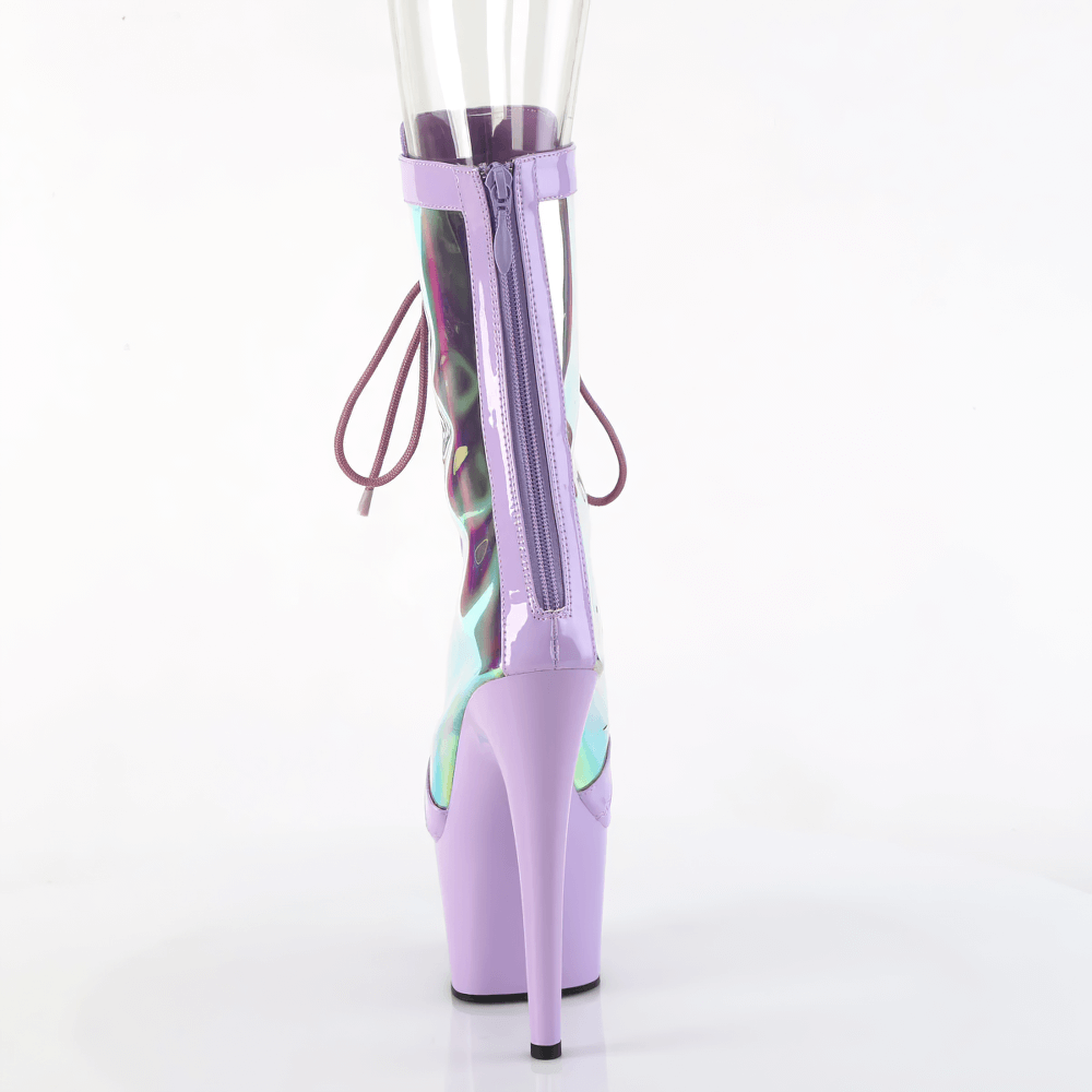 Purple stiletto boots with holographic panels and lace-up back for a daring fashion statement.