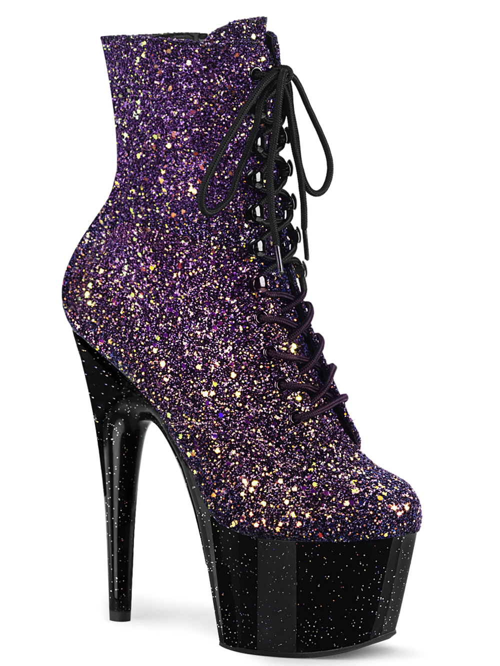 Stunning PLEASER purple glitter lace-up heel platform ankle boots with iridescent shimmer and high glossy heel.