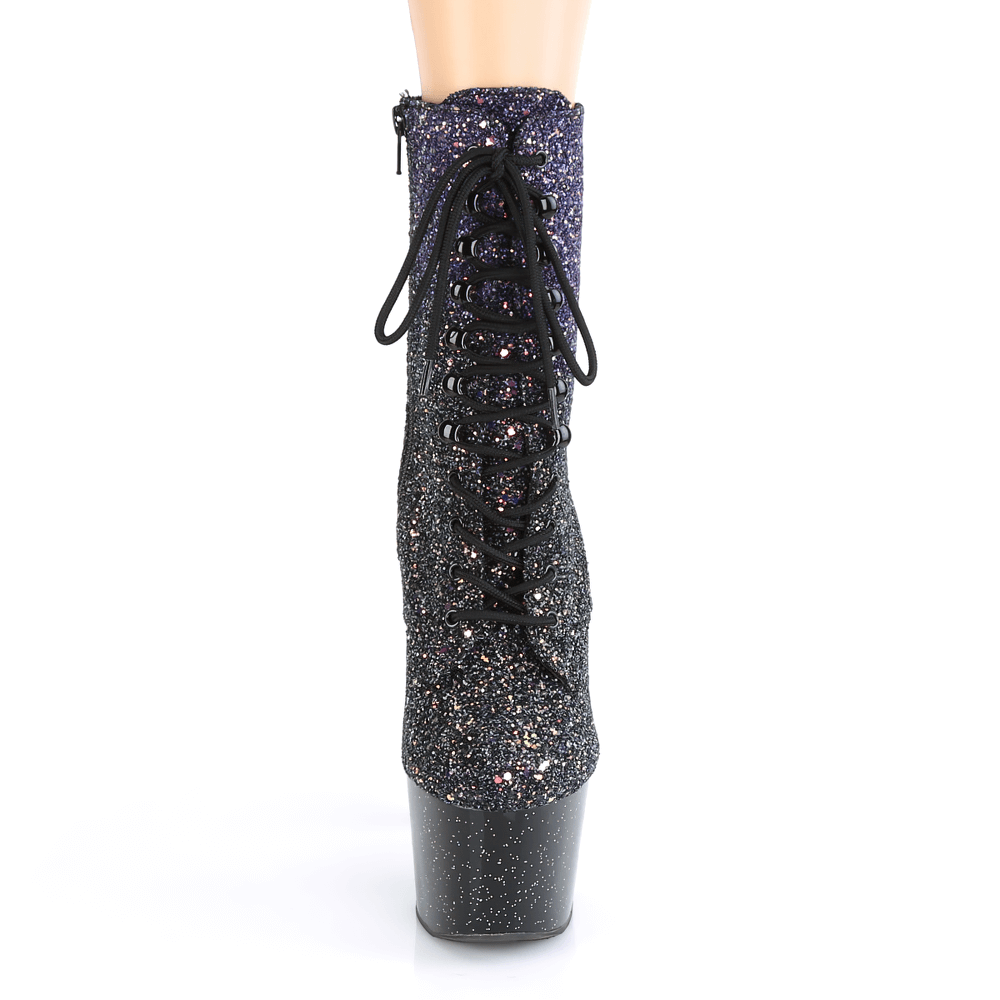 Purple glitter lace-up ankle boots with platform and inside zip, perfect for a dazzling night out.