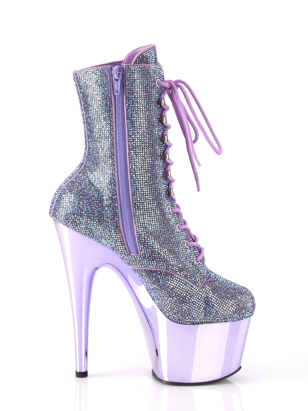 PLEASER Purple Rhinestone Platform Boots with Chrome Heels