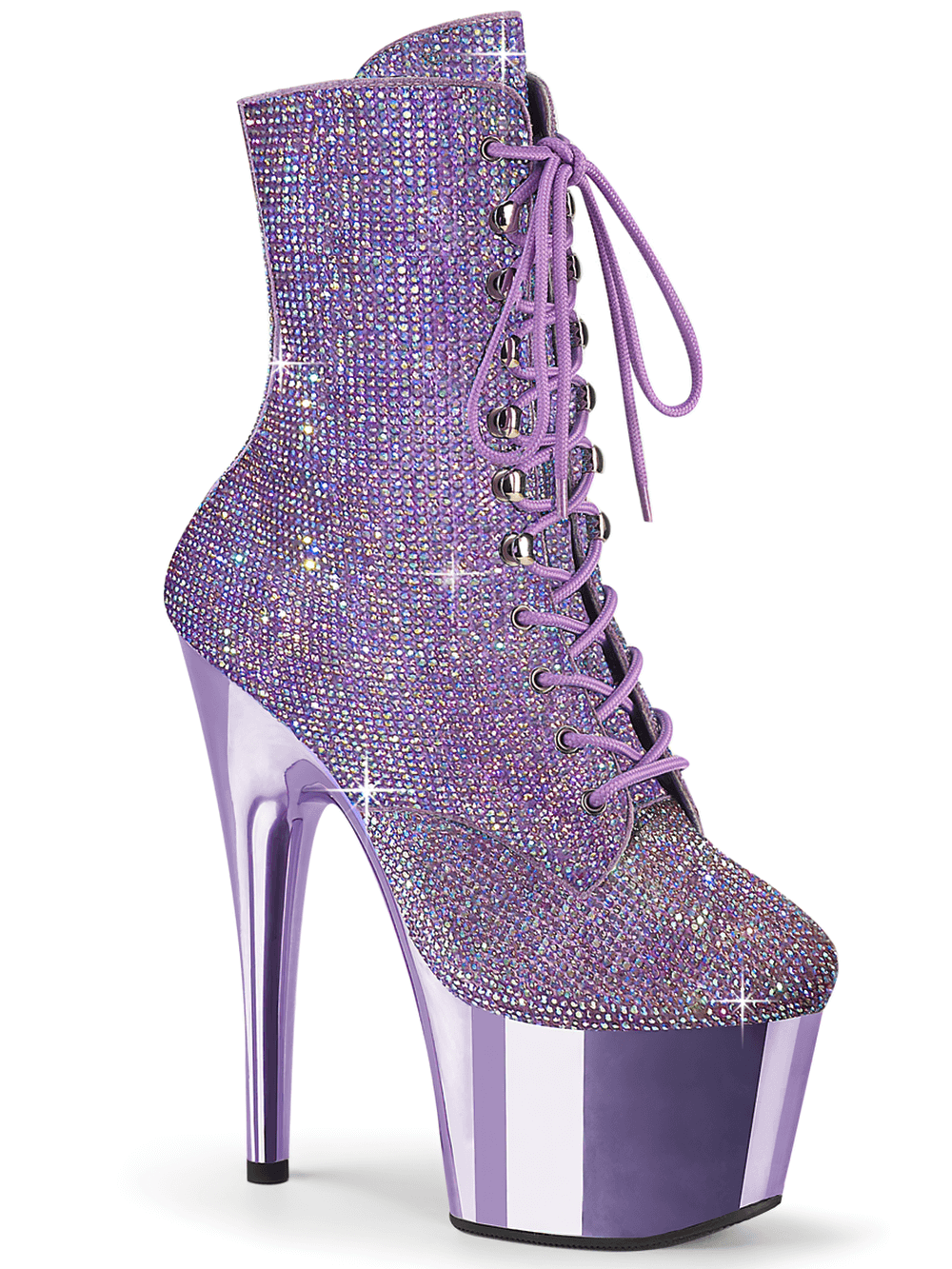 PLEASER Purple Rhinestone Platform Boots with Chrome Heels