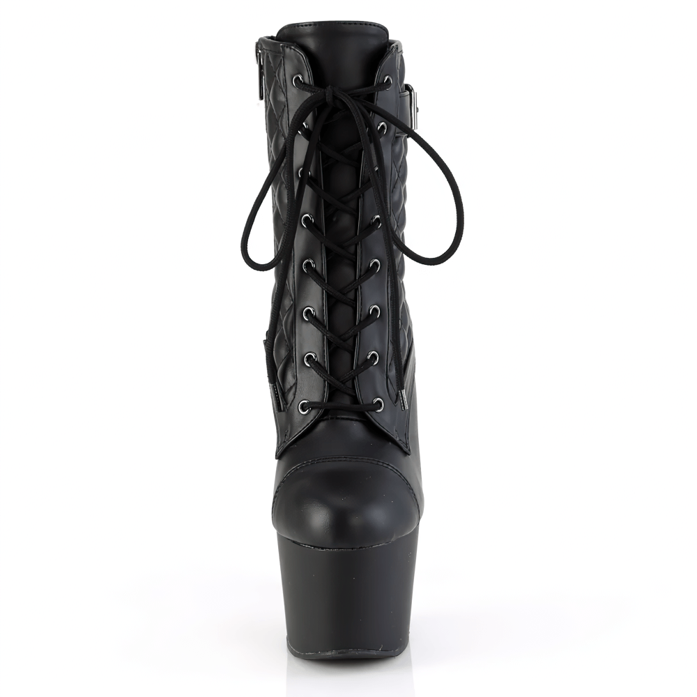 Black quilted lace-up ankle boots with stiletto heels and buckled strap, front view, stylish and edgy design.