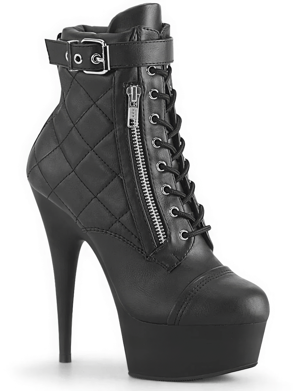 Black quilted lace-up high heel ankle booties with platform and buckle strap for bold fashion.