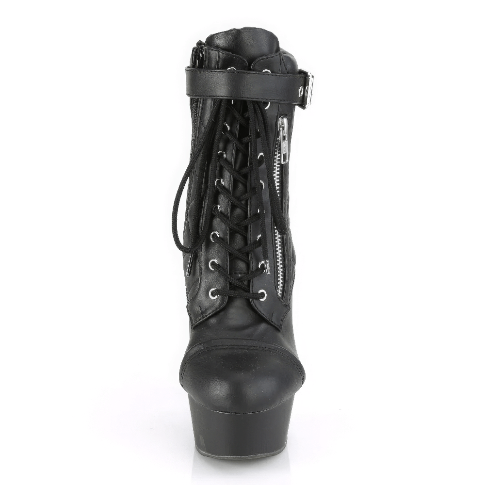 PLEASER quilted lace-up high heel ankle booties with zip and buckled strap, showcasing a bold, edgy style.