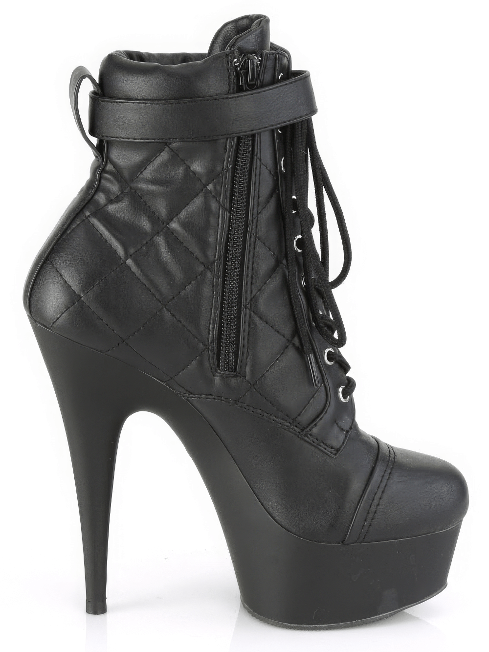 PLEASER quilted lace-up high heel ankle booties in black, featuring a 6-inch heel and 1.77-inch platform.