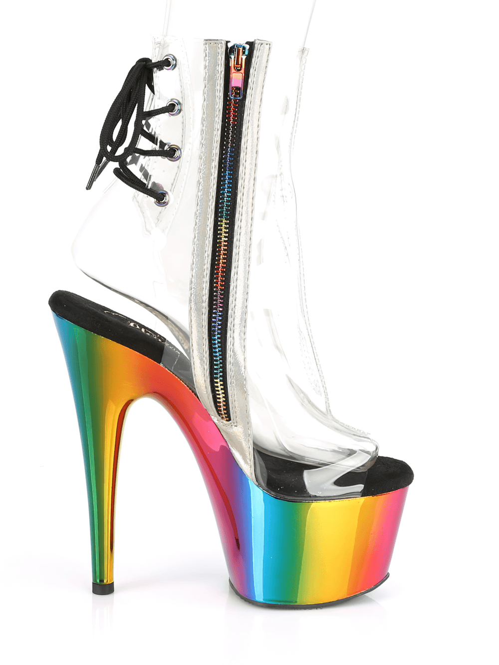 Zapatos PLEASER Rainbow Chrome con parte superior transparente y cremallera