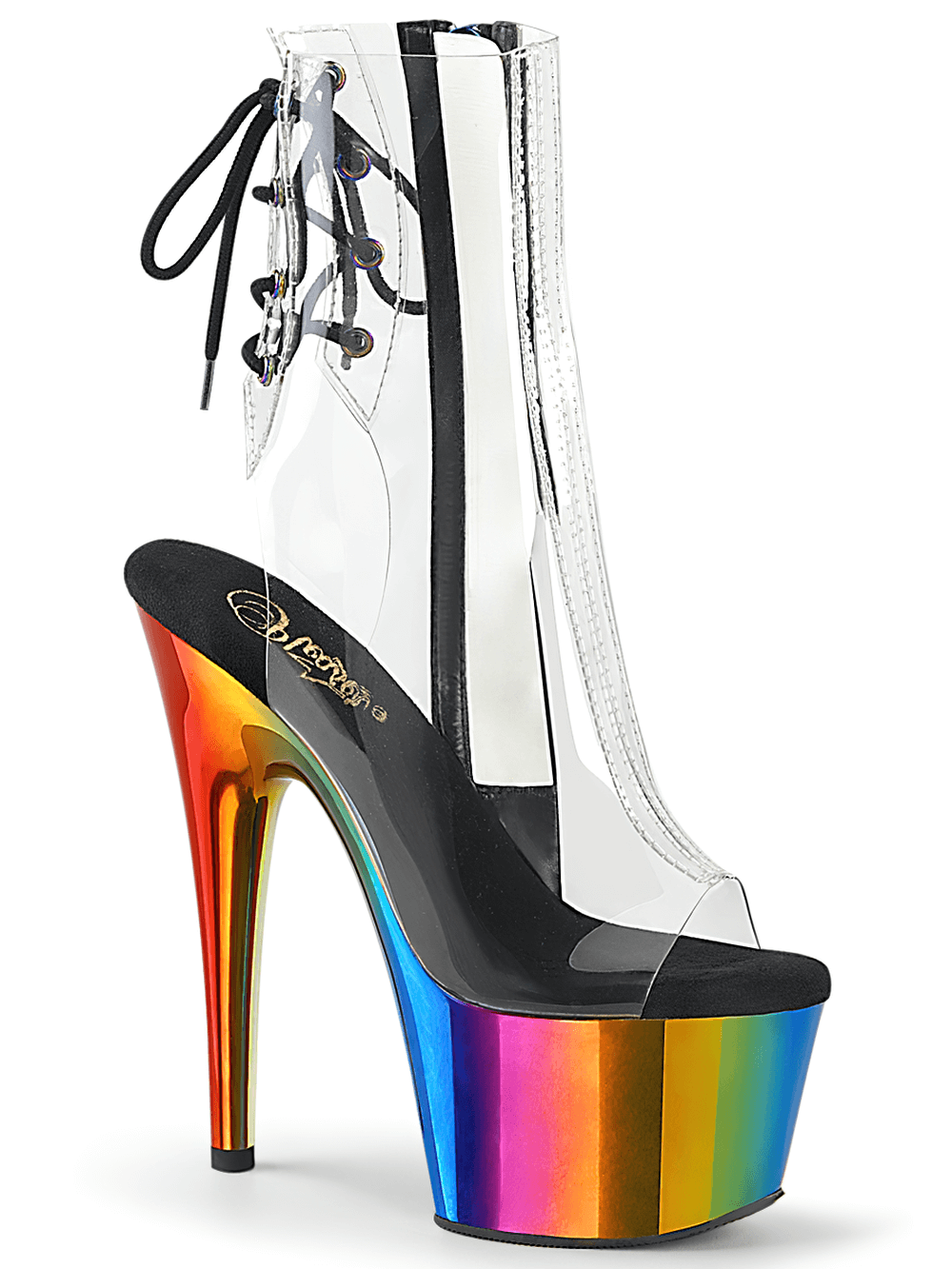 Zapatos PLEASER Rainbow Chrome con parte superior transparente y cremallera