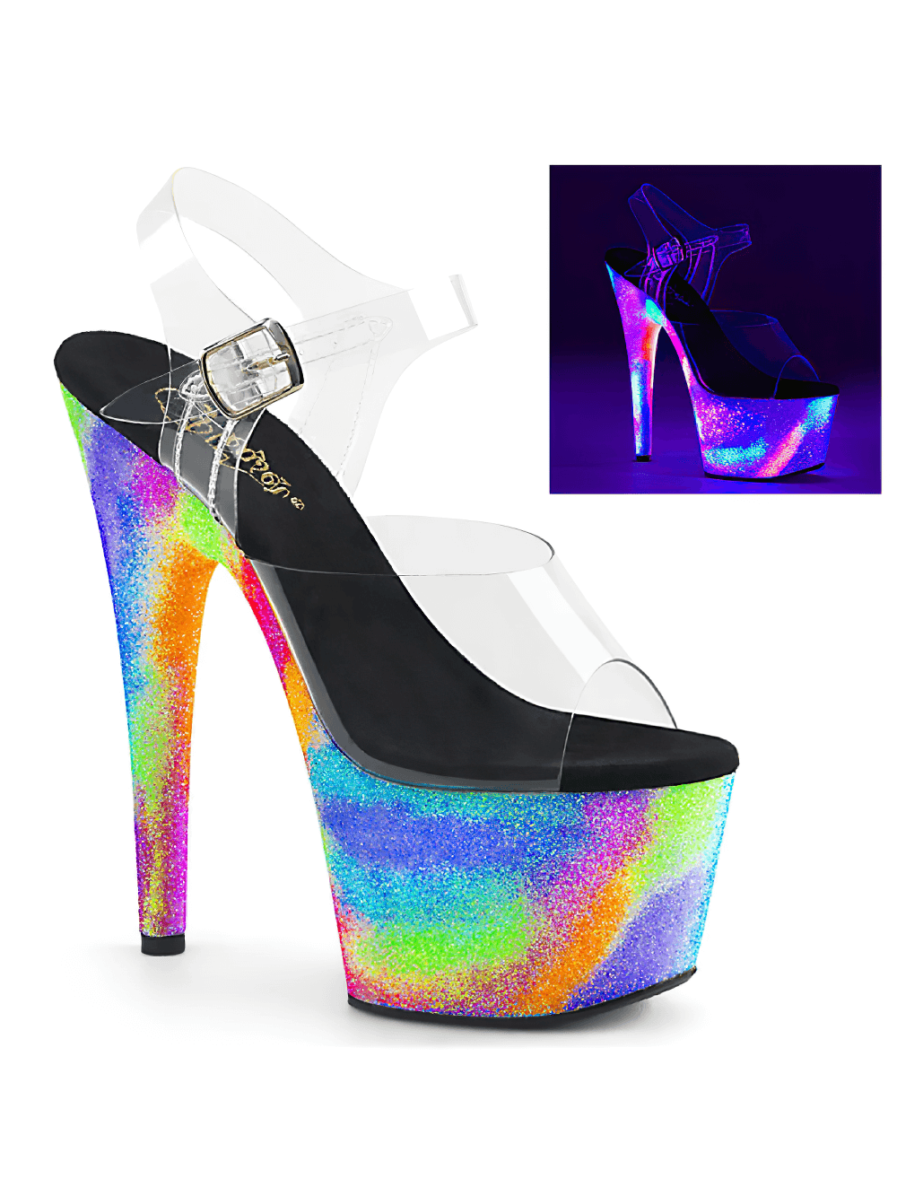 Shiny blacklight-reactive platform sandals with a rainbow galaxy effect and clear ankle strap, perfect for dancers.