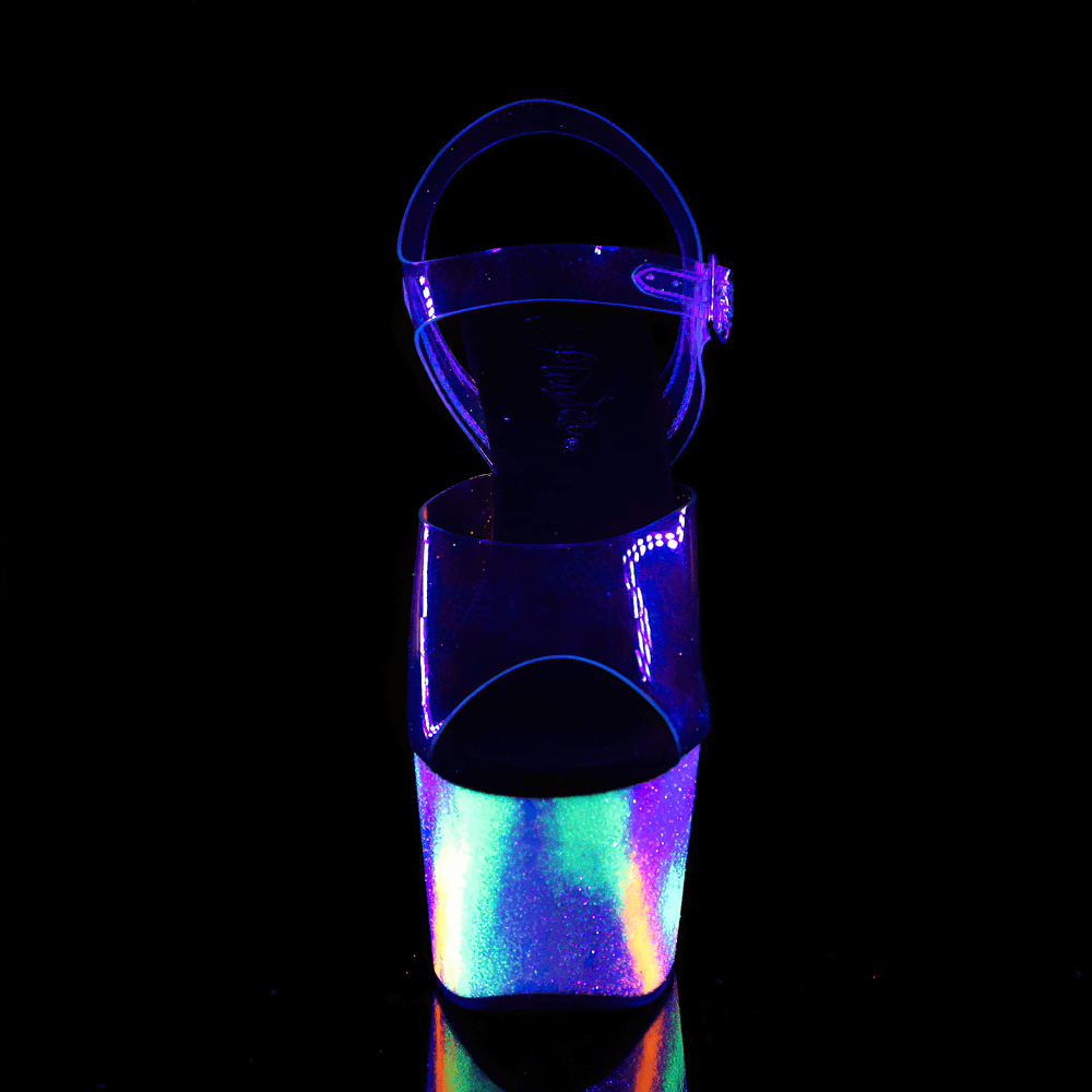 PLEASER blacklight platform sandals with rainbow galaxy effect, showcasing a stunning heel and vibrant colors.