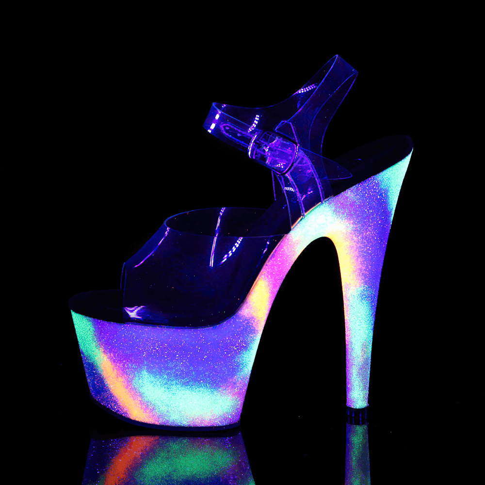 Colorful blacklight reactive platform sandals with a galaxy effect, perfect for dancers and night events.