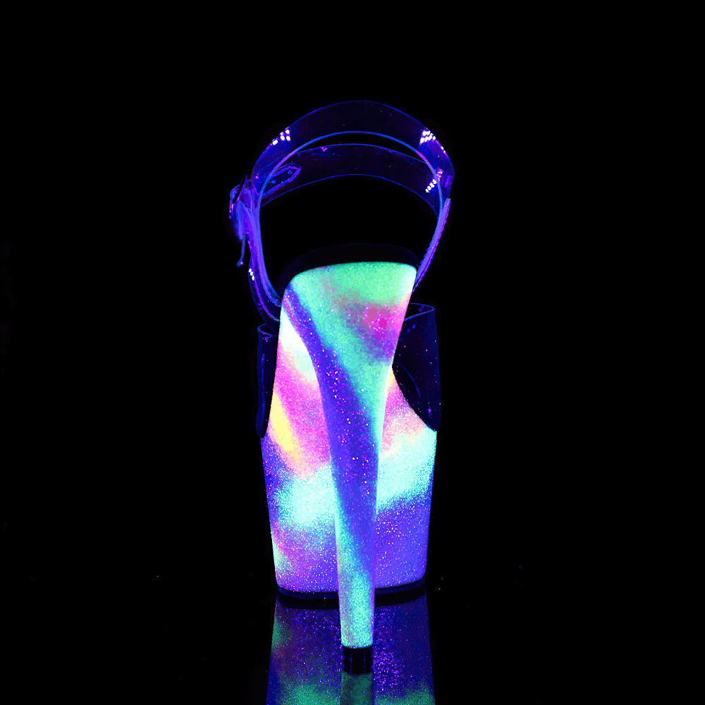 Back view of Pleaser Rainbow Galaxy Platform Sandals glowing under blacklight, showcasing vibrant cosmic colors.