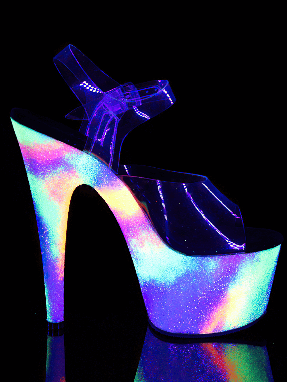 PLEASER Blacklight Platform Sandals with rainbow galaxy effect and 7-inch heel, perfect for dancers and performers.