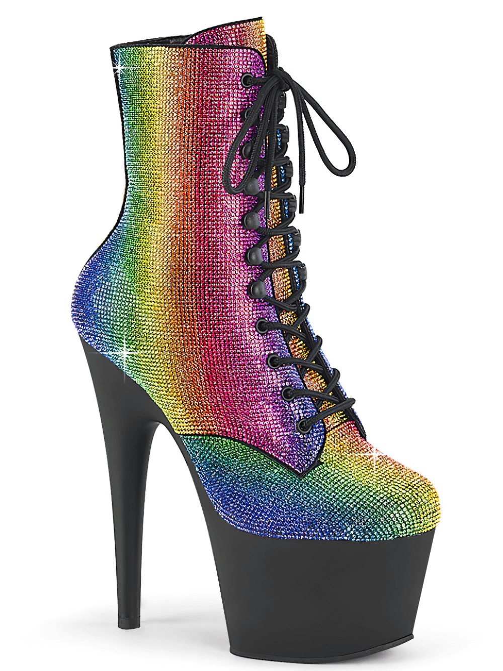 Vibrant PLEASER Rainbow Rhinestone Ankle Boots with 7-inch heel and stunning multicolor design.