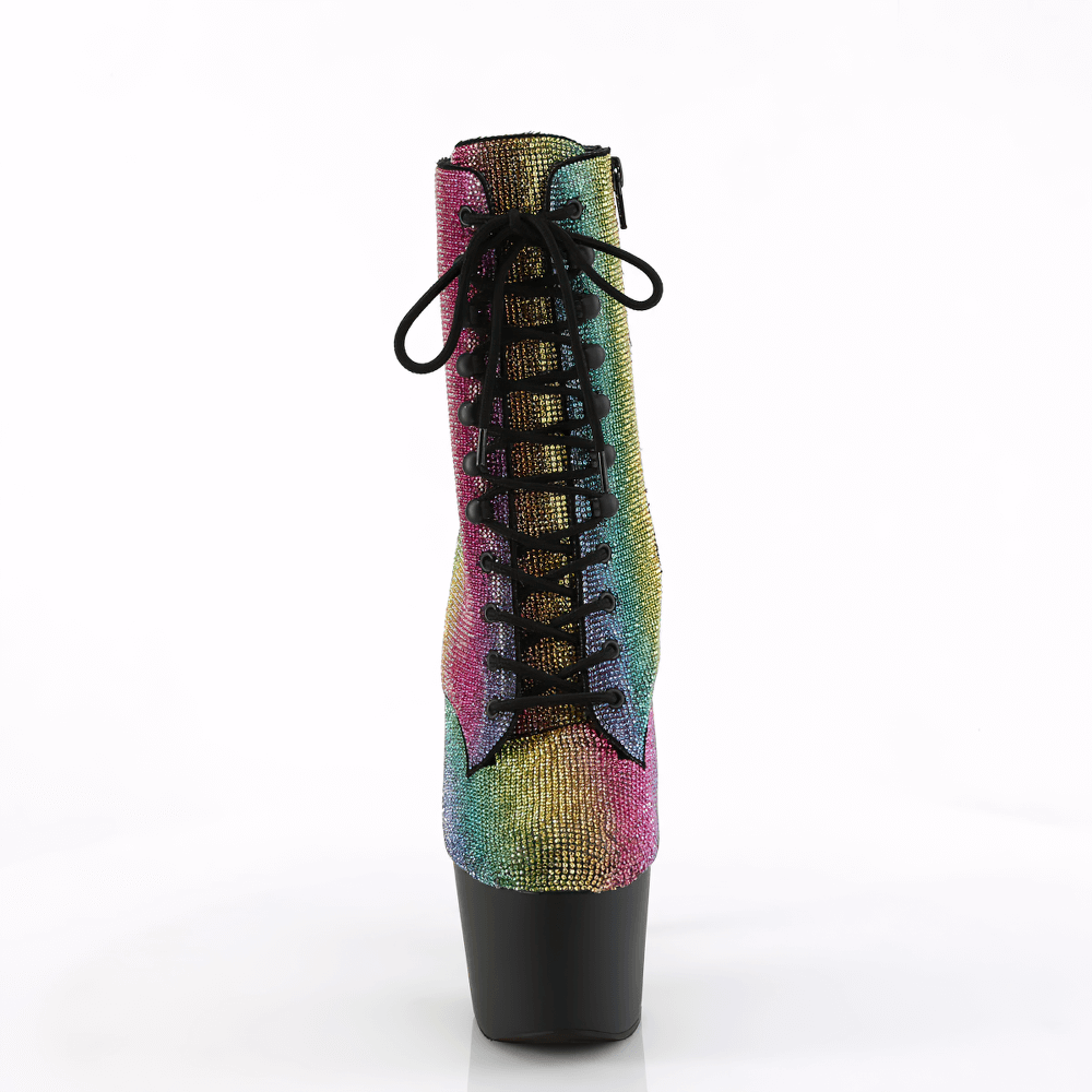 Vibrant Pleaser Rainbow Rhinestone ankle boots with 7-inch heel and lace-up detail, showcasing a dazzling multicolor design.