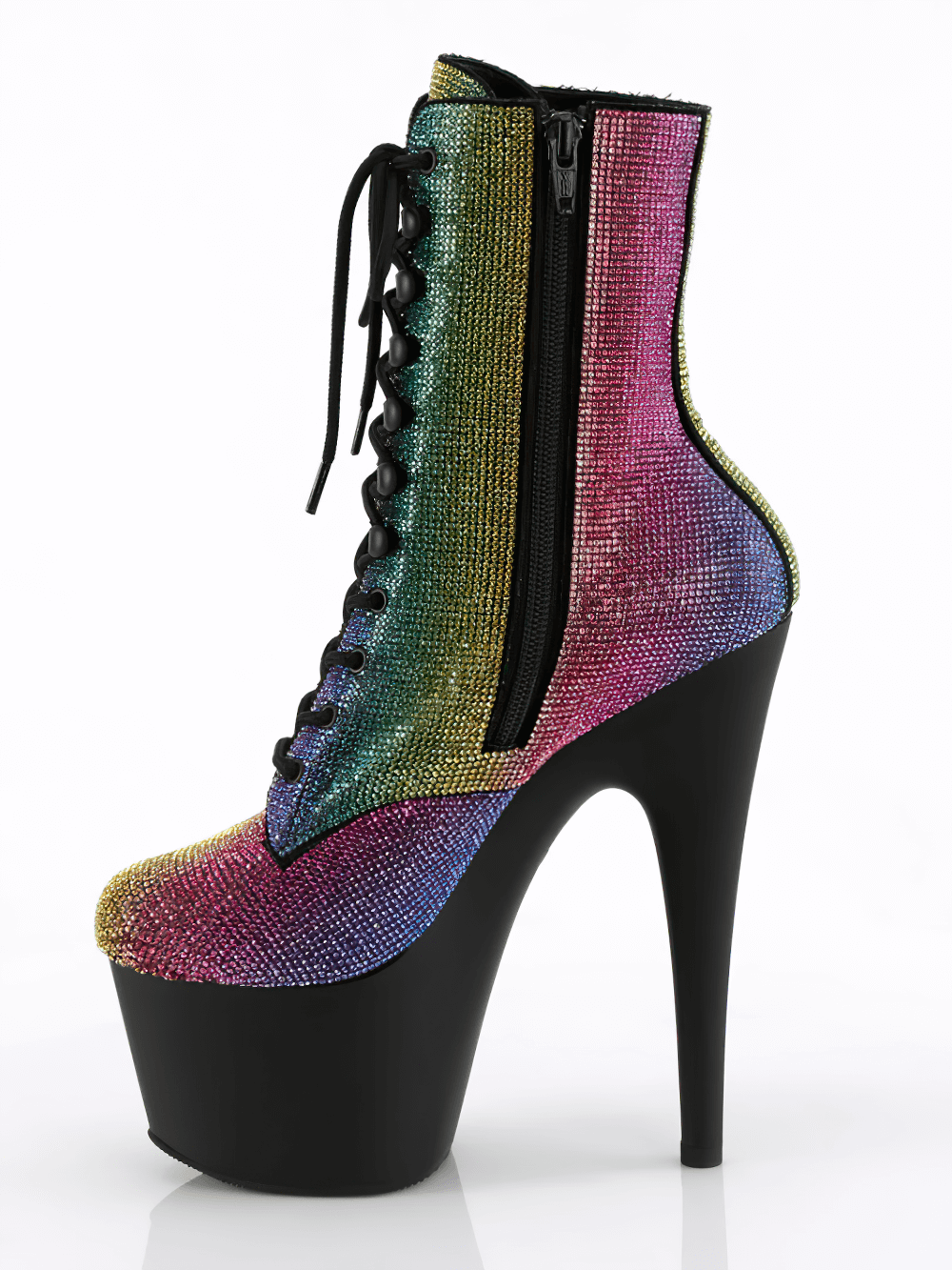 Vibrant PLEASER rainbow rhinestone ankle boot with 7-inch heel and lace-up design, perfect for bold fashion statements.