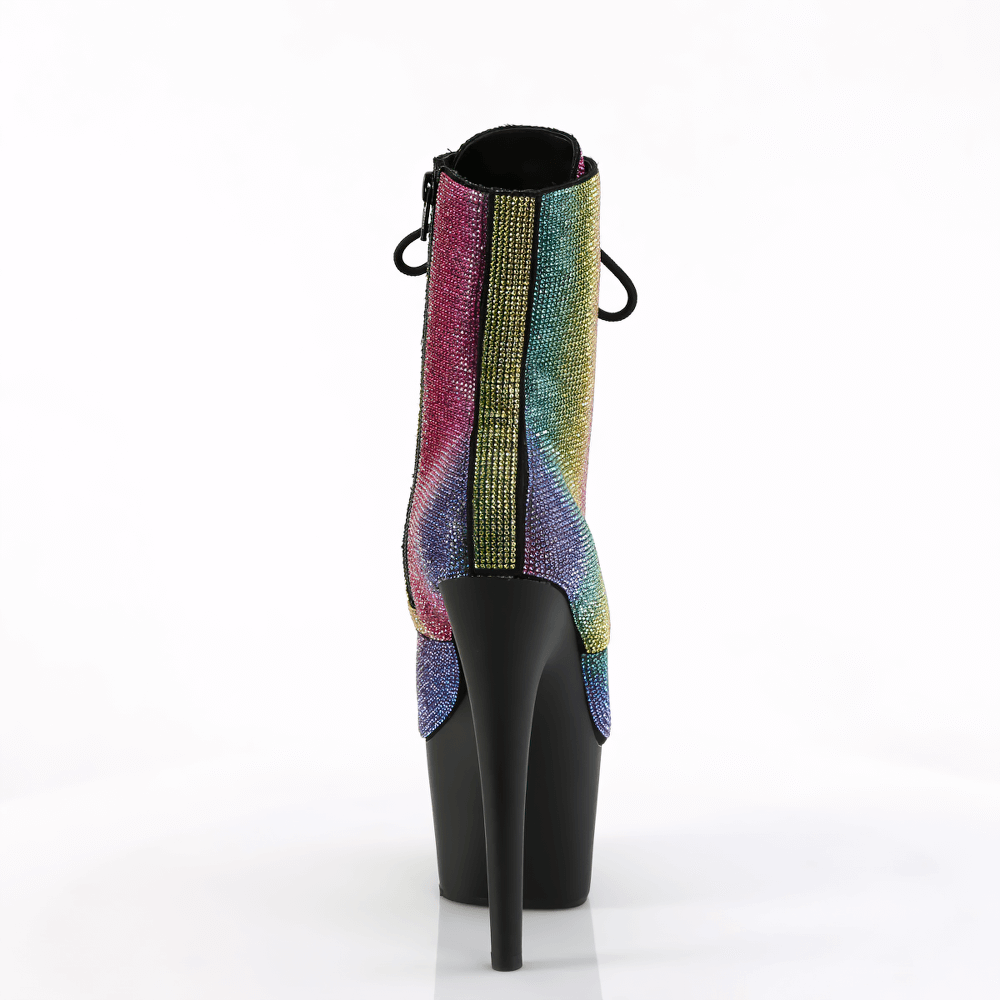 Back view of PLEASER rainbow rhinestone ankle boots with 7-inch heel and platform, showcasing vibrant colors and side zipper.