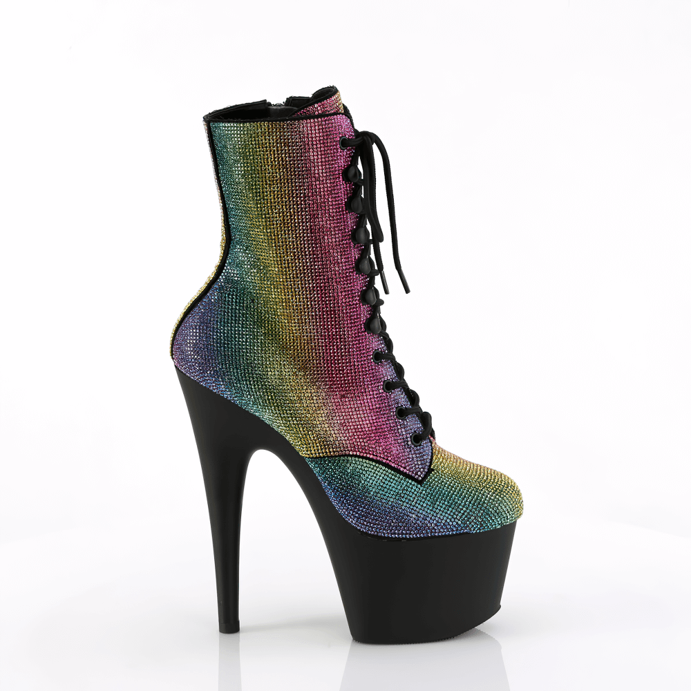 PLEASER Rainbow Rhinestone Ankle Boots with 7-inch heel and lace-up design, featuring a dazzling multicolor rhinestone pattern.