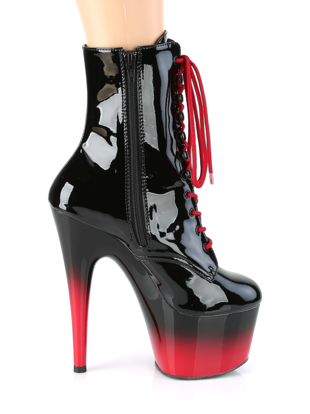 Glossy red and black lace-up ankle boots with a high heel and platform, featuring a side zip for easy wear.
