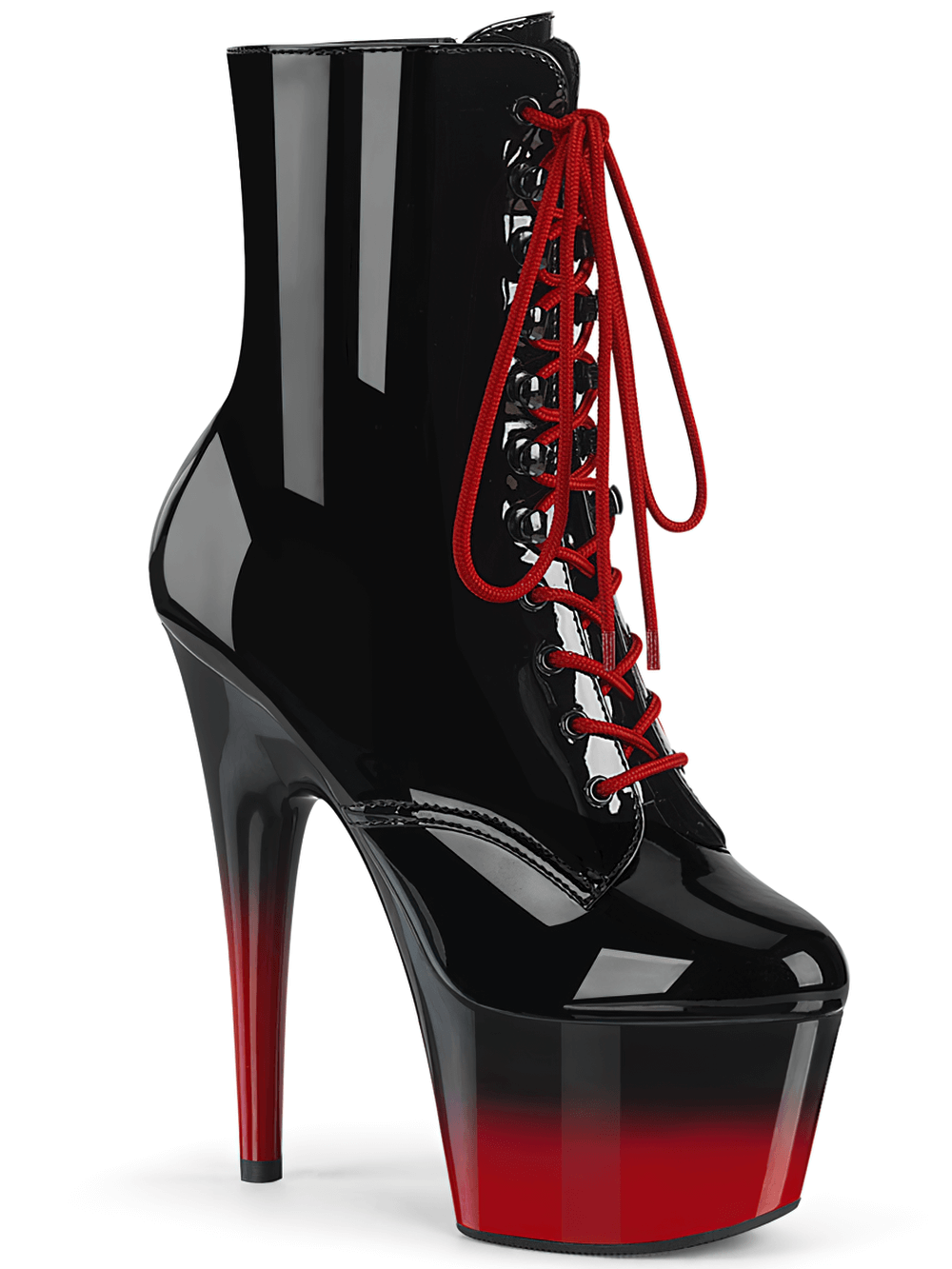 Glossy red and black lace-up ankle boot with a 7-inch heel and bold platform, perfect for daring fashionistas.
