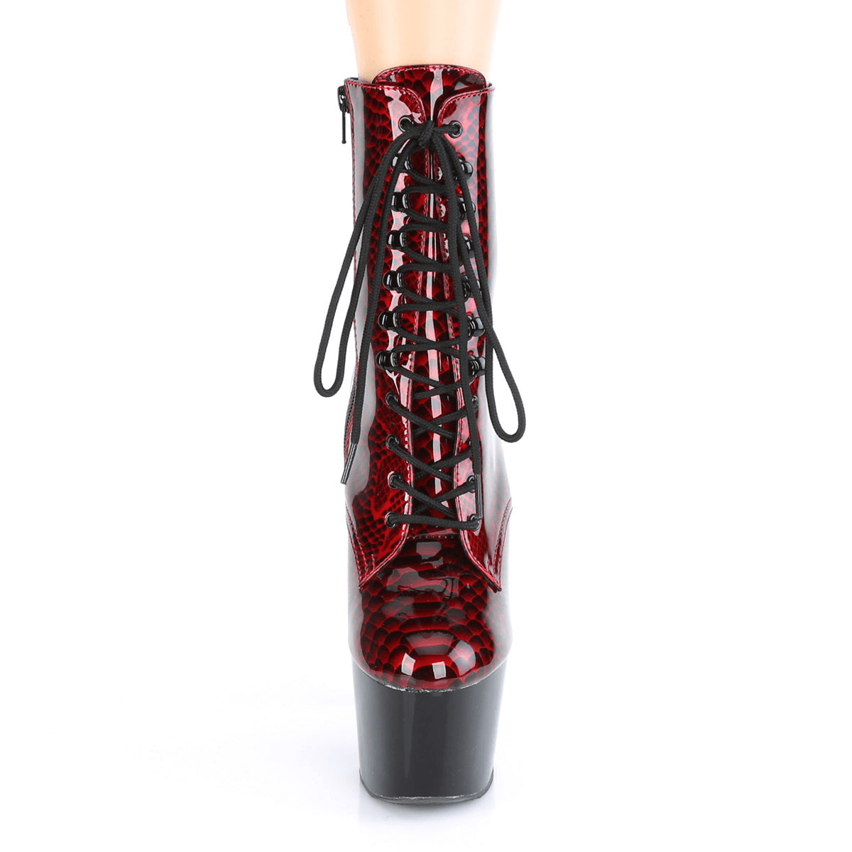 PLEASER Botas de plataforma con estampado de serpiente holográfica en rojo y negro