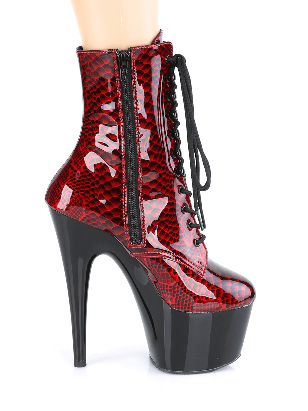 Lace-up red and black holographic snake print platform boots with a 7-inch heel and inside zip for stylish flair.