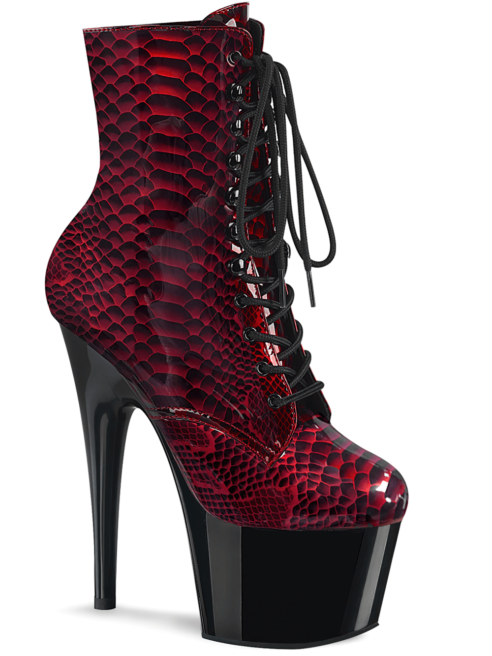 Lace-up red and black holographic snake print platform boots with 7-inch heel and 2 3/4-inch platform.