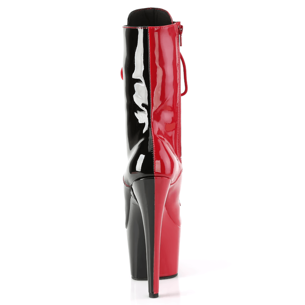 Back view of PLEASER red and black lace-up ankle platform boots with high heels.