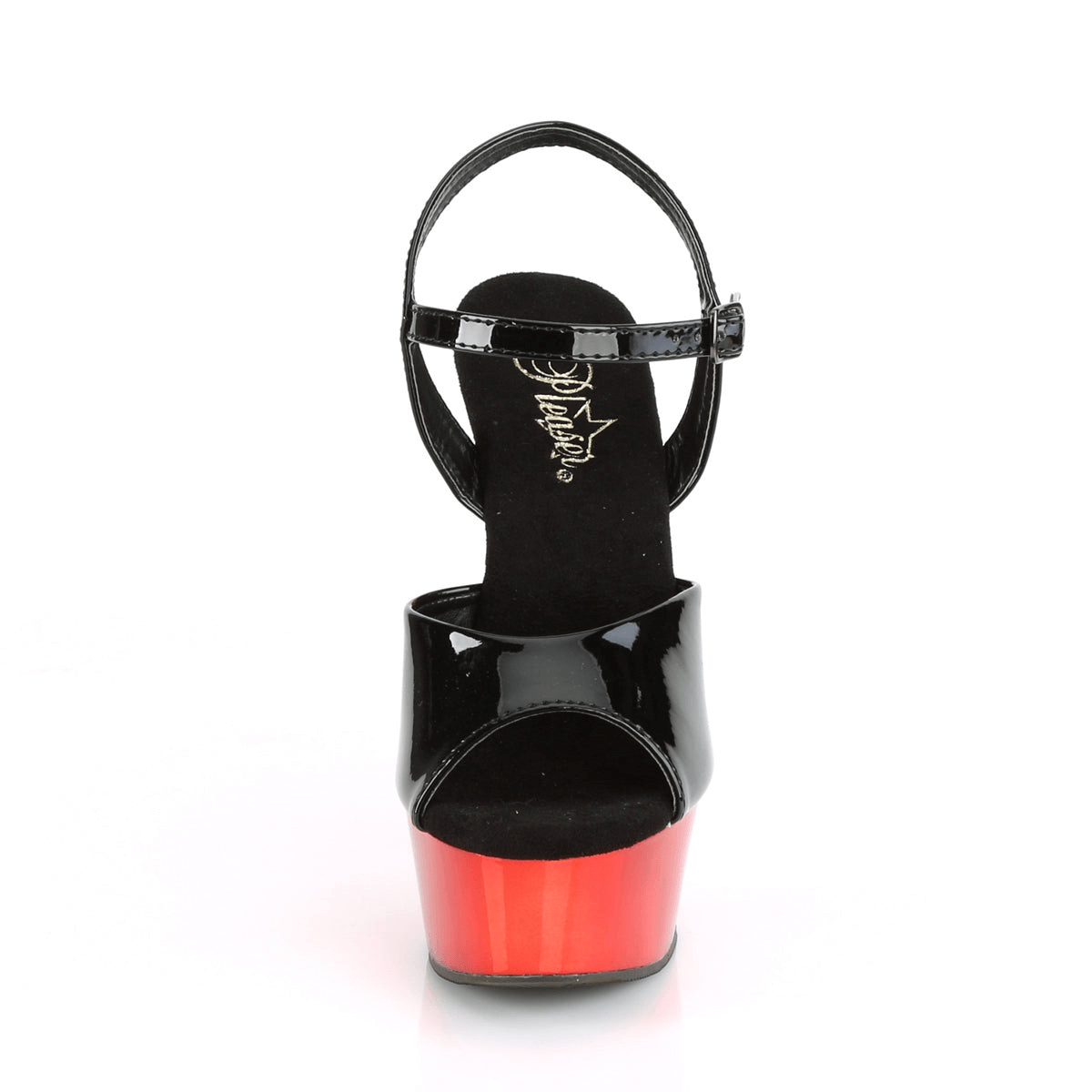 Back view of Pleaser red and black peep-toe stiletto heel sandals showcasing sleek design and bold color contrast.
