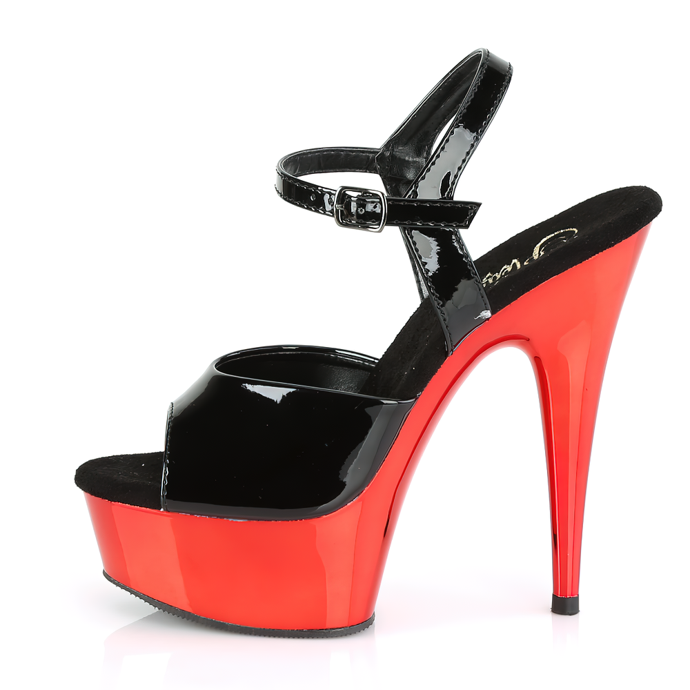 Bold red and black peep-toe stiletto heel sandals showcasing sleek design and height.