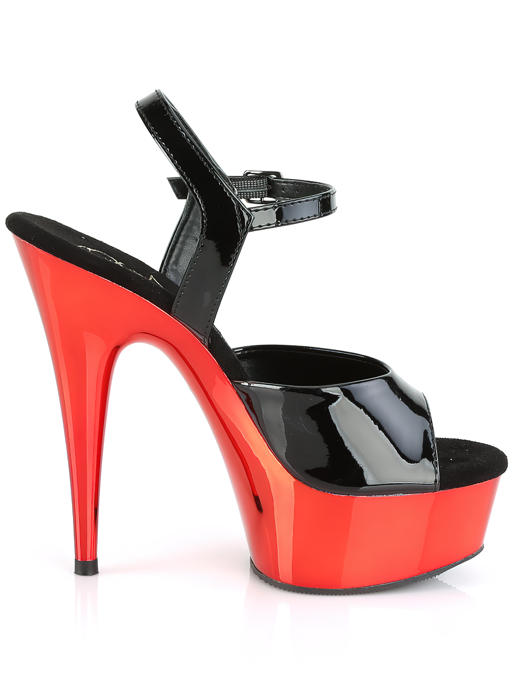 Bold red and black peep-toe stiletto heel sandals with a sleek ankle strap, perfect for a night out.