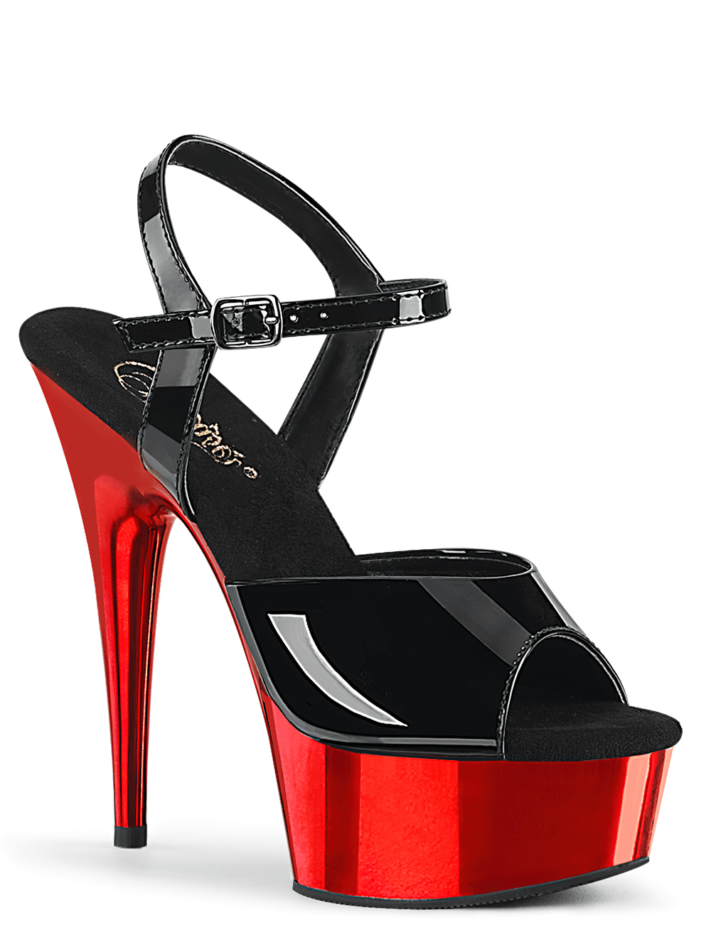 Bold red and black peep-toe stiletto heel sandals with sleek ankle strap, perfect for a night out.