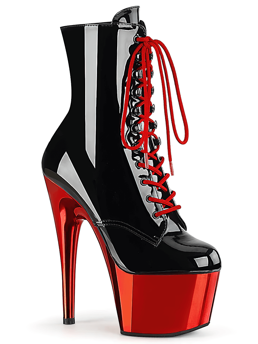 Chic red and black stiletto lace-up ankle boots with a bold 7-inch heel and platform, perfect for making a statement.